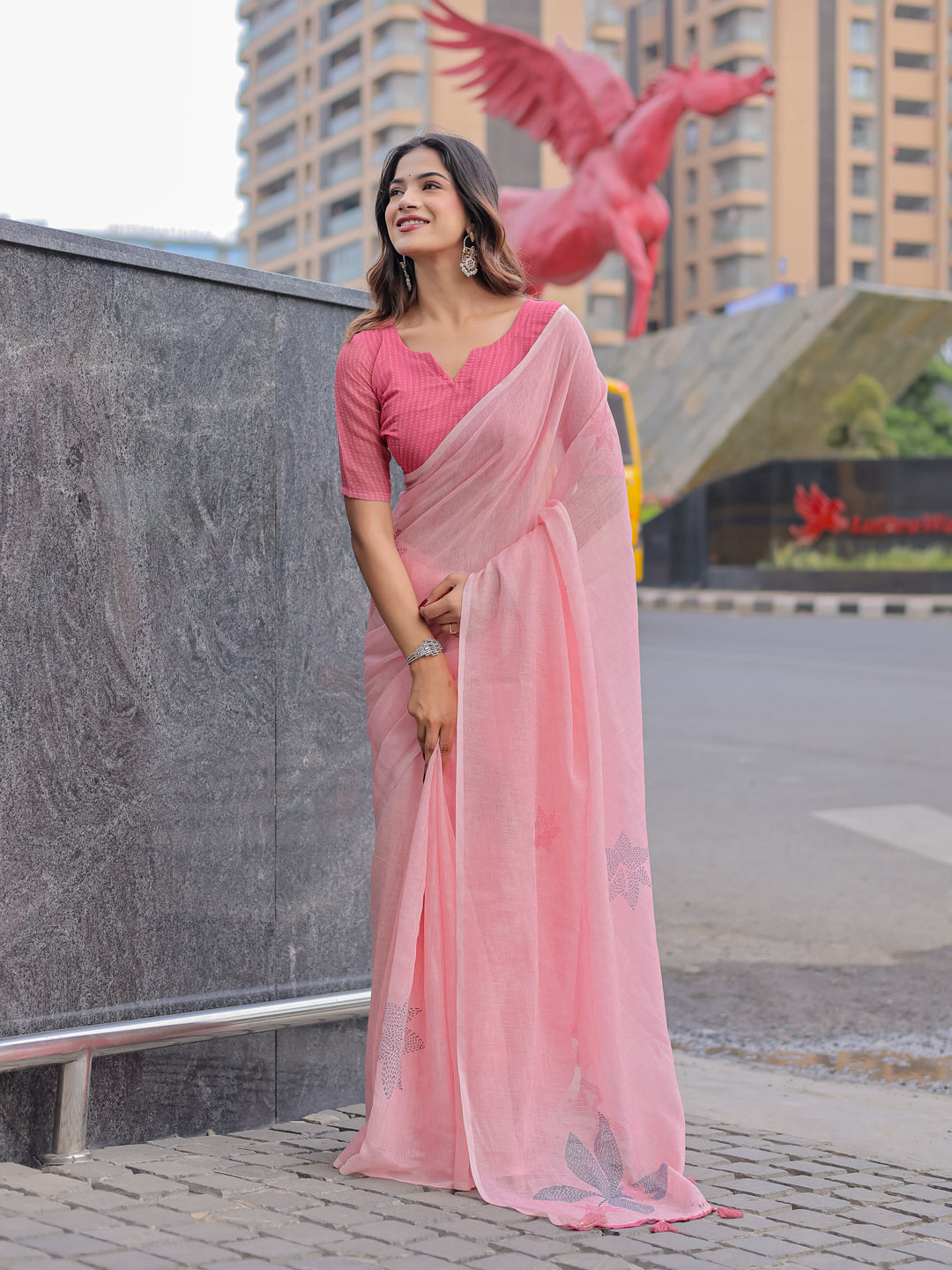Blush Pink Mul Cotton Saree with Minimal Woven Motifs & Tassel Pallu | Soft Everyday & Office Wear Saree