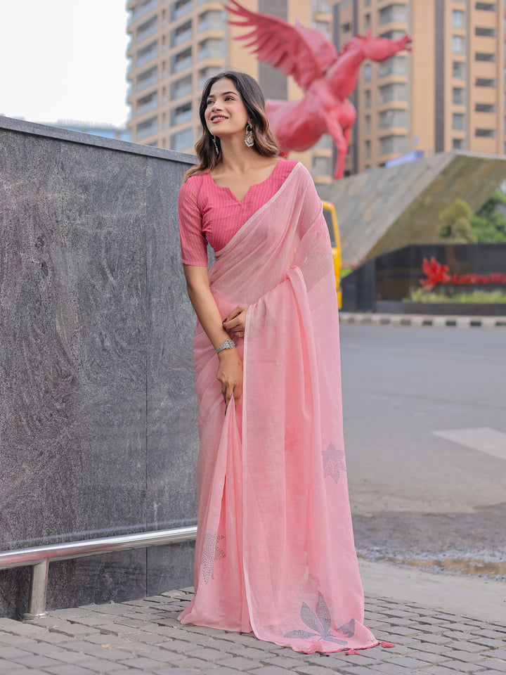 Blush Pink Mul Cotton Saree with Minimal Woven Motifs & Tassel Pallu | Soft Everyday & Office Wear Saree