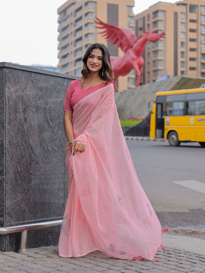 Blush Pink Mul Cotton Saree with Minimal Woven Motifs & Tassel Pallu | Soft Everyday & Office Wear Saree