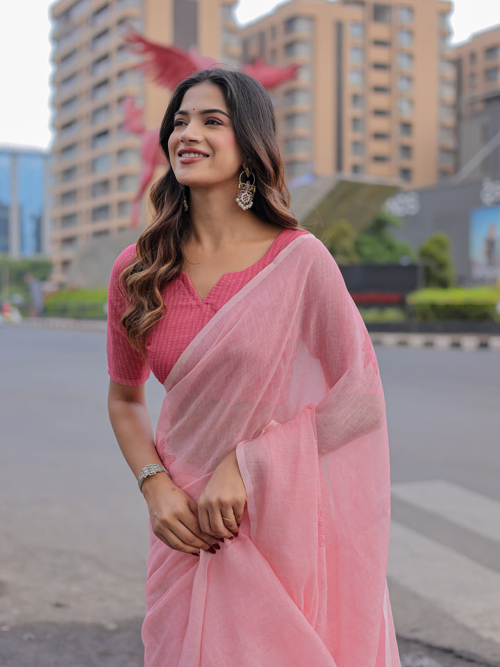 Blush Pink Mul Cotton Saree with Minimal Woven Motifs & Tassel Pallu | Soft Everyday & Office Wear Saree