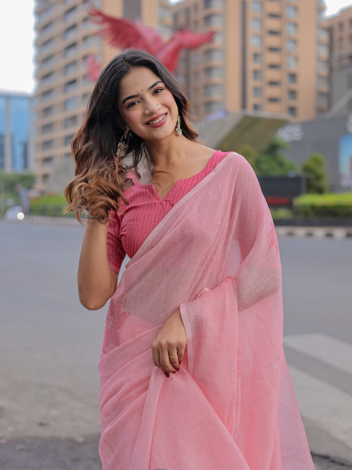 Blush Pink Mul Cotton Saree with Minimal Woven Motifs & Tassel Pallu | Soft Everyday & Office Wear Saree