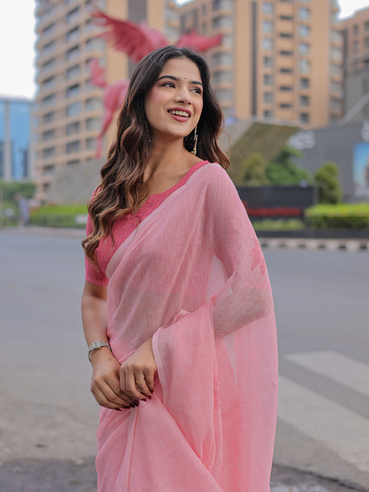 Blush Pink Mul Cotton Saree with Minimal Woven Motifs & Tassel Pallu | Soft Everyday & Office Wear Saree