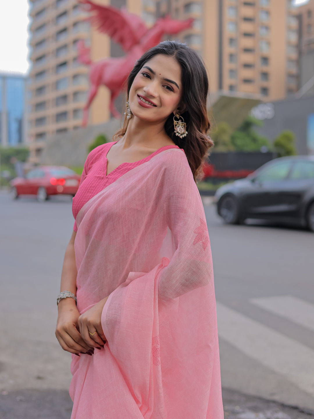 Blush Pink Mul Cotton Saree with Minimal Woven Motifs & Tassel Pallu | Soft Everyday & Office Wear Saree