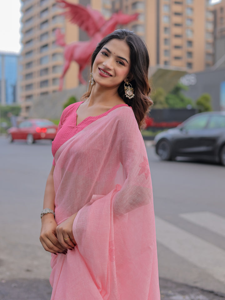 Blush Pink Mul Cotton Saree with Minimal Woven Motifs & Tassel Pallu | Soft Everyday & Office Wear Saree