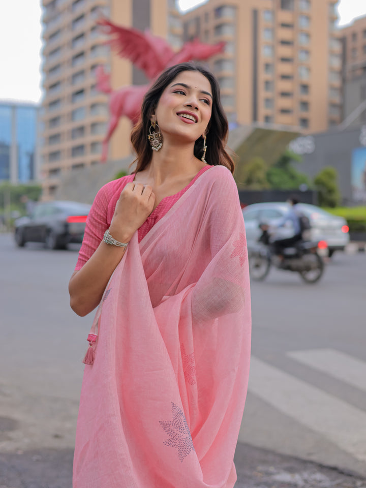 Blush Pink Mul Cotton Saree with Minimal Woven Motifs & Tassel Pallu | Soft Everyday & Office Wear Saree