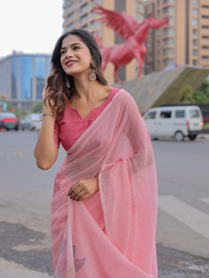Blush Pink Mul Cotton Saree with Minimal Woven Motifs & Tassel Pallu | Soft Everyday & Office Wear Saree