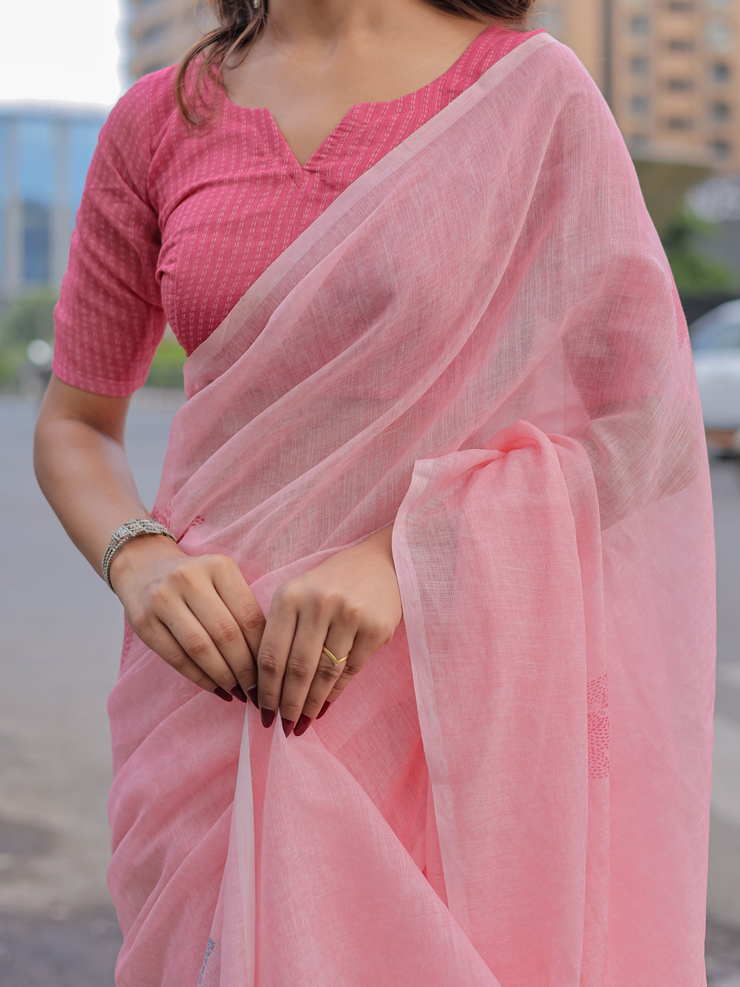 Blush Pink Mul Cotton Saree with Minimal Woven Motifs & Tassel Pallu | Soft Everyday & Office Wear Saree