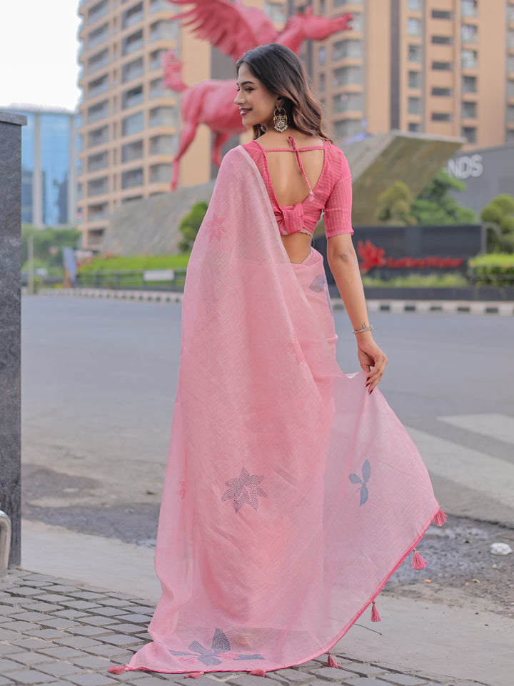 Blush Pink Mul Cotton Saree with Minimal Woven Motifs & Tassel Pallu | Soft Everyday & Office Wear Saree