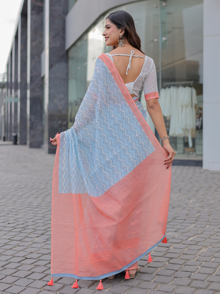 Powder Blue Mul Cotton Chevron Print Saree with Coral Border, Statement Pallu & Tassels | Office Wear Saree