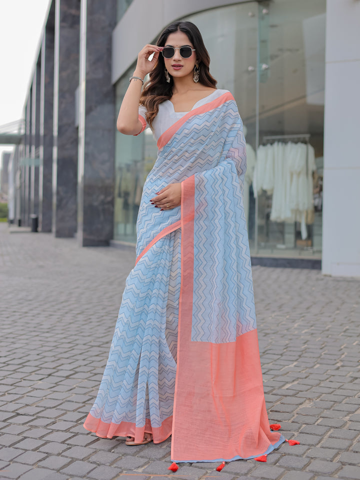 Powder Blue Mul Cotton Chevron Print Saree with Coral Border, Statement Pallu & Tassels | Office Wear Saree