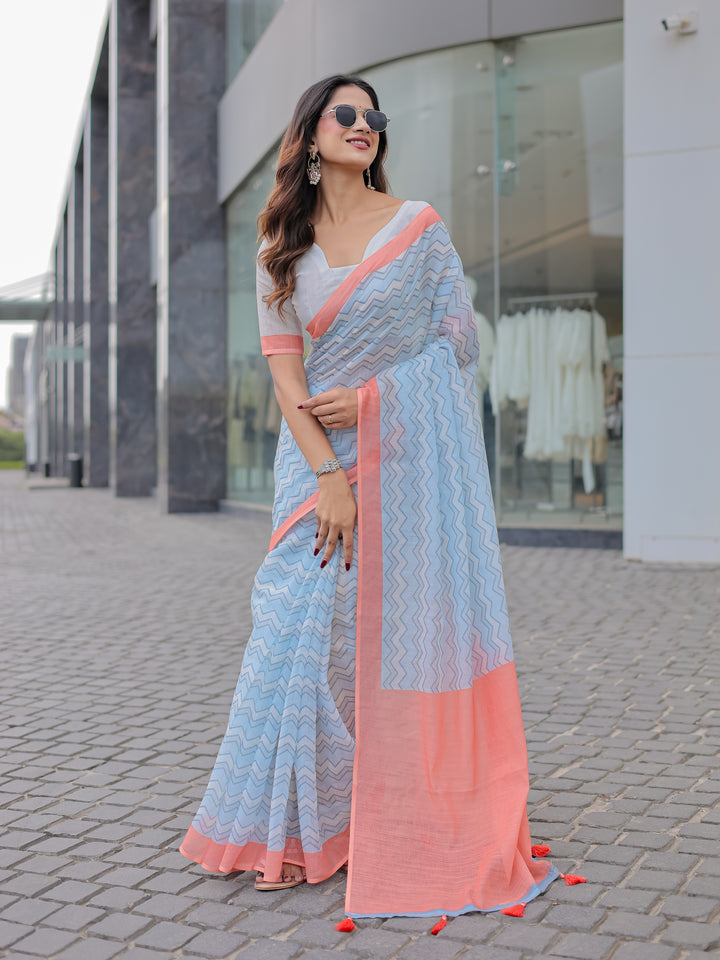 Powder Blue Mul Cotton Chevron Print Saree with Coral Border, Statement Pallu & Tassels | Office Wear Saree