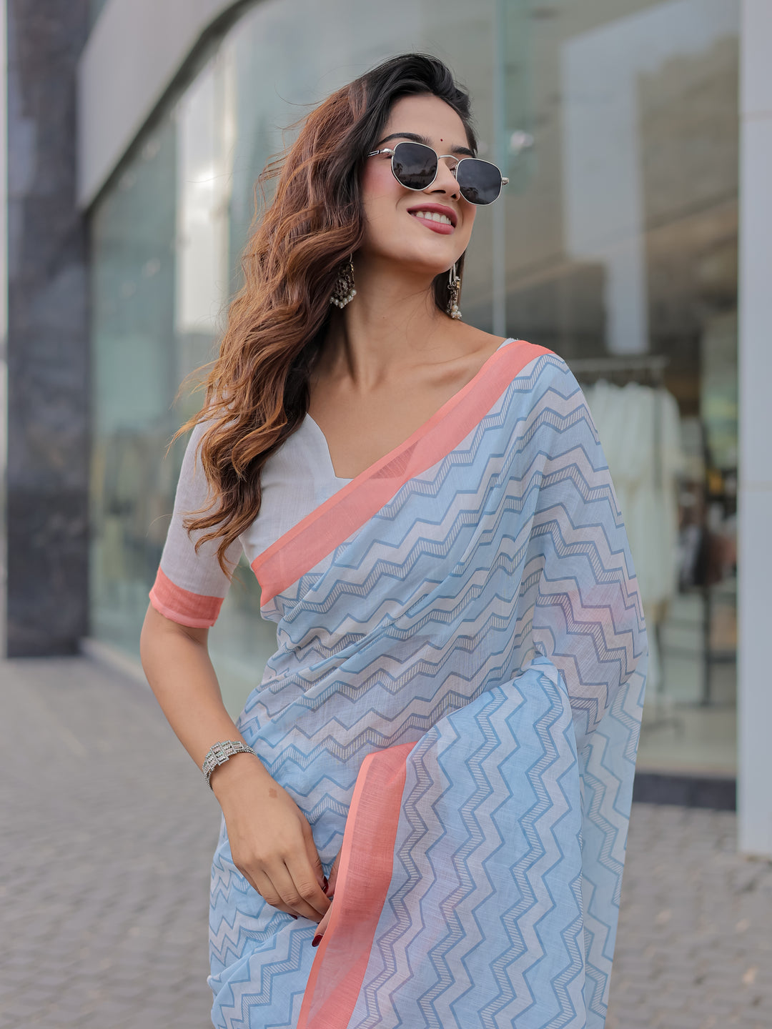 Powder Blue Mul Cotton Chevron Print Saree with Coral Border, Statement Pallu & Tassels | Office Wear Saree