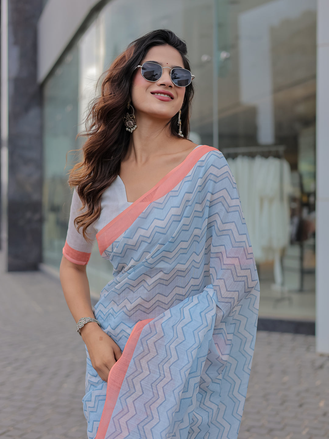 Powder Blue Mul Cotton Chevron Print Saree with Coral Border, Statement Pallu & Tassels | Office Wear Saree