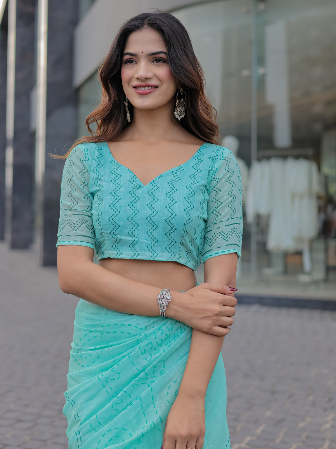Aqua Blue Mul Cotton Saree with Kantha-Inspired Print, Statement Pallu & Tassels | Office & Casual Wear