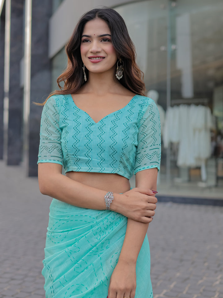 Aqua Blue Mul Cotton Saree with Kantha-Inspired Print, Statement Pallu & Tassels | Office & Casual Wear