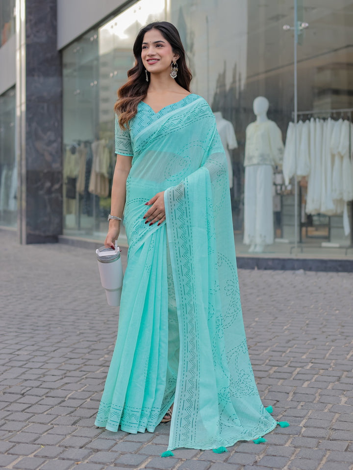 Aqua Blue Mul Cotton Saree with Kantha-Inspired Print, Statement Pallu & Tassels | Office & Casual Wear