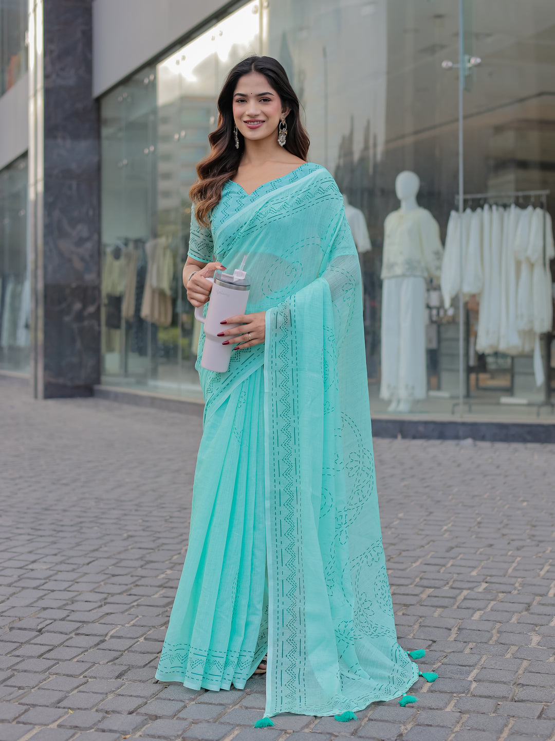 Aqua Blue Mul Cotton Saree with Kantha-Inspired Print, Statement Pallu & Tassels | Office & Casual Wear