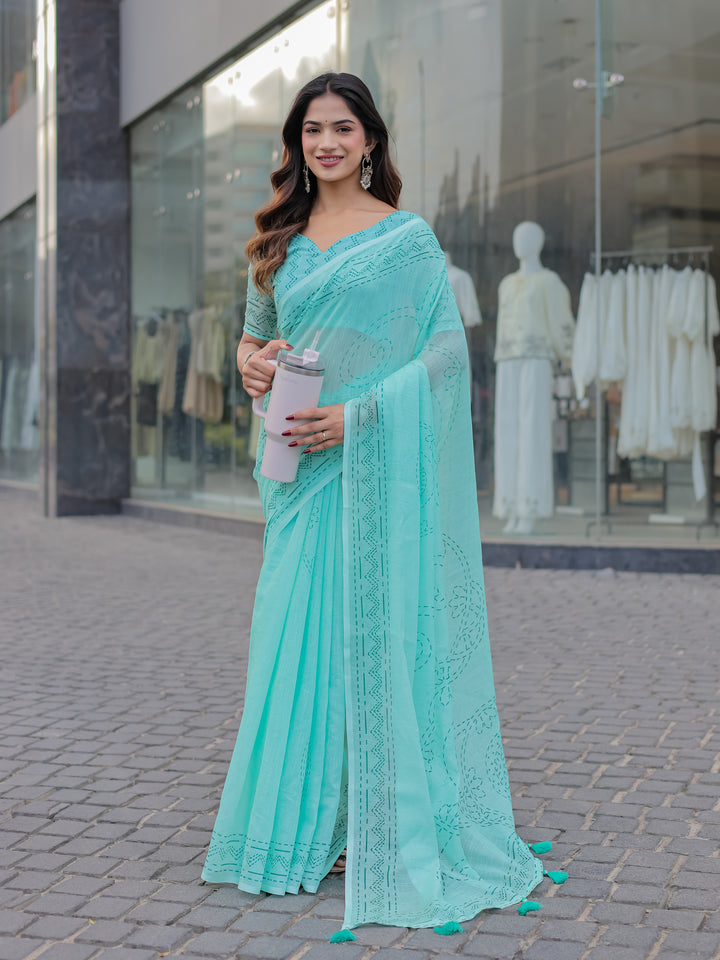 Aqua Blue Mul Cotton Saree with Kantha-Inspired Print, Statement Pallu & Tassels | Office & Casual Wear