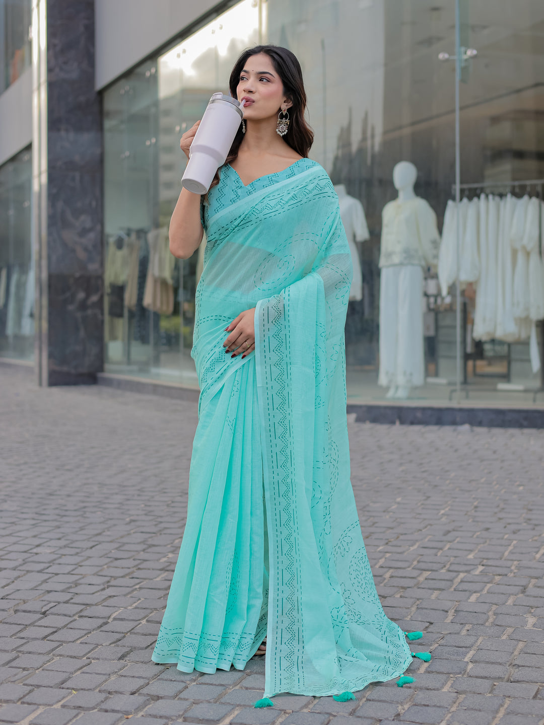 Aqua Blue Mul Cotton Saree with Kantha-Inspired Print, Statement Pallu & Tassels | Office & Casual Wear