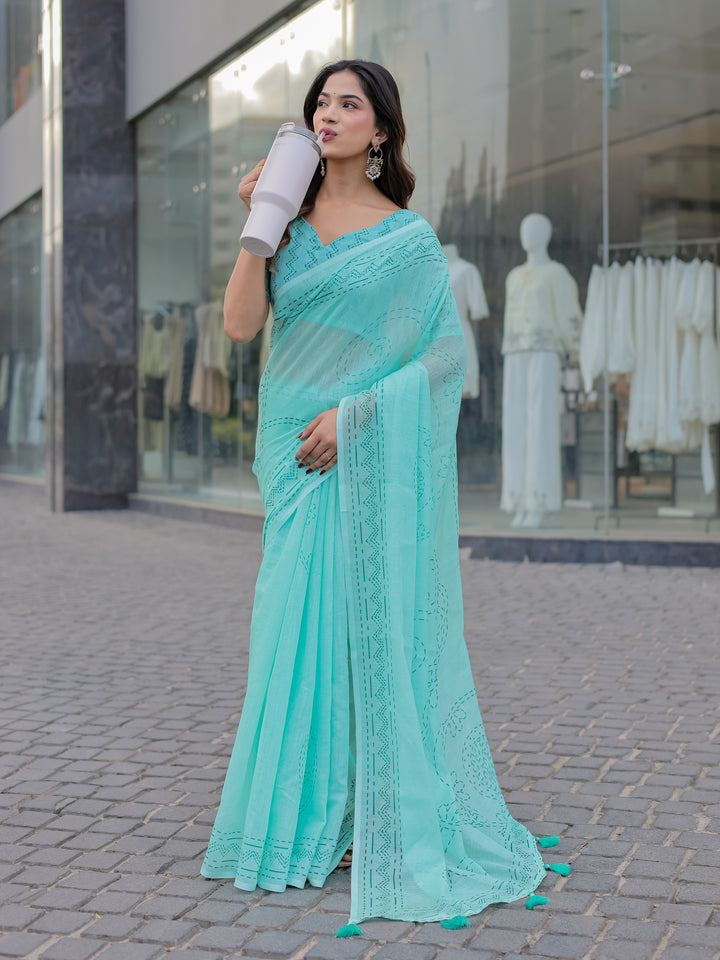 Aqua Blue Mul Cotton Saree with Kantha-Inspired Print, Statement Pallu & Tassels | Office & Casual Wear