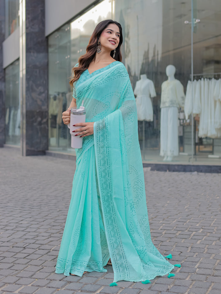 Aqua Blue Mul Cotton Saree with Kantha-Inspired Print, Statement Pallu & Tassels | Office & Casual Wear