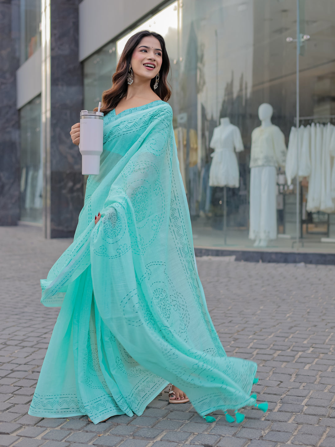 Aqua Blue Mul Cotton Saree with Kantha-Inspired Print, Statement Pallu & Tassels | Office & Casual Wear