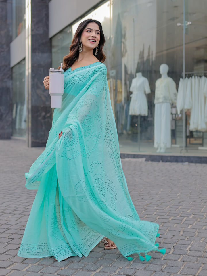 Aqua Blue Mul Cotton Saree with Kantha-Inspired Print, Statement Pallu & Tassels | Office & Casual Wear