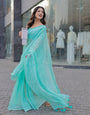 Aqua Blue Mul Cotton Saree with Kantha-Inspired Print, Statement Pallu & Tassels | Office & Casual Wear, Comes With Attached Blouse Piece
