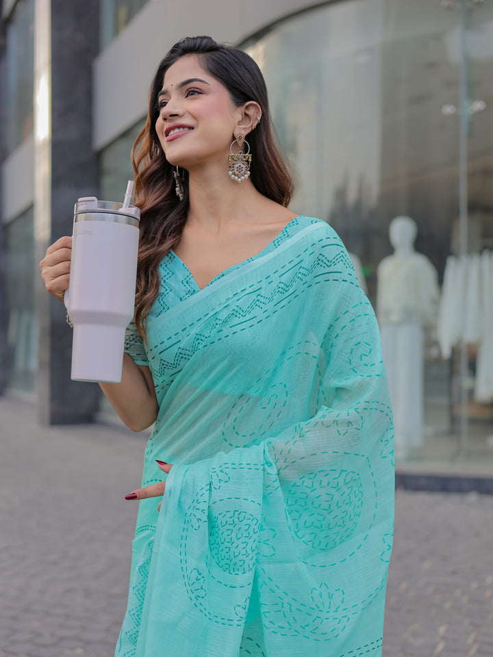 Aqua Blue Mul Cotton Saree with Kantha-Inspired Print, Statement Pallu & Tassels | Office & Casual Wear
