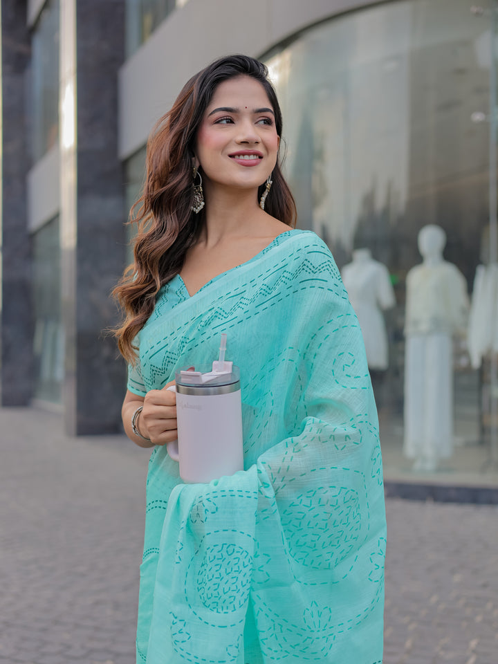 Aqua Blue Mul Cotton Saree with Kantha-Inspired Print, Statement Pallu & Tassels | Office & Casual Wear
