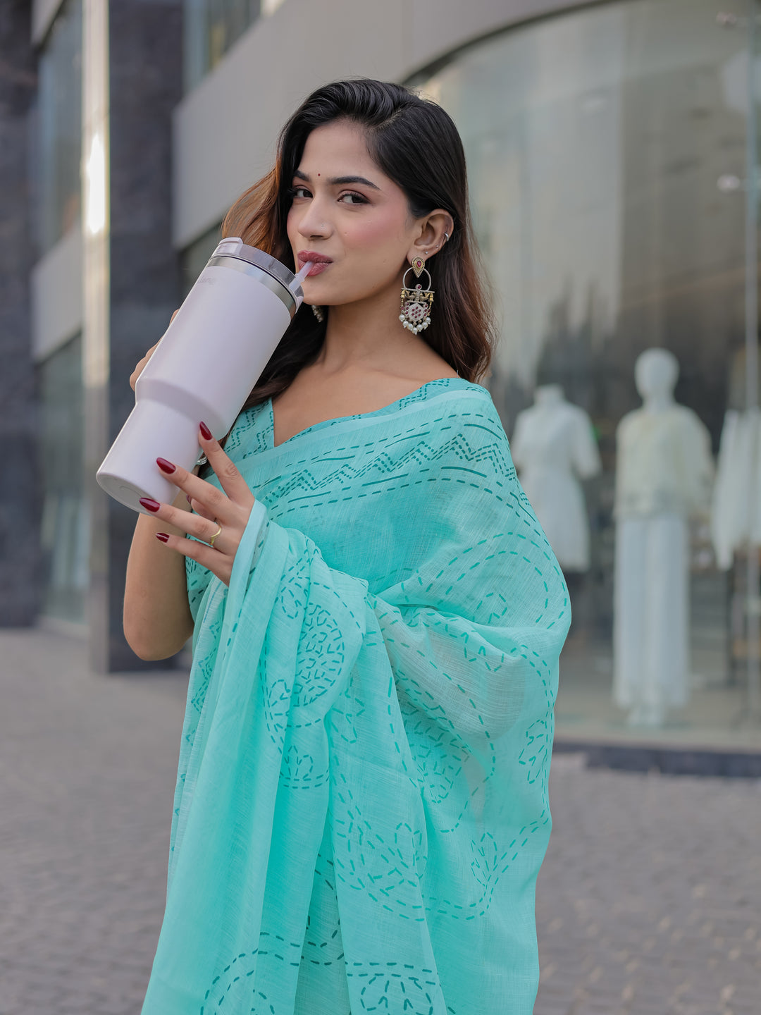 Aqua Blue Mul Cotton Saree with Kantha-Inspired Print, Statement Pallu & Tassels | Office & Casual Wear
