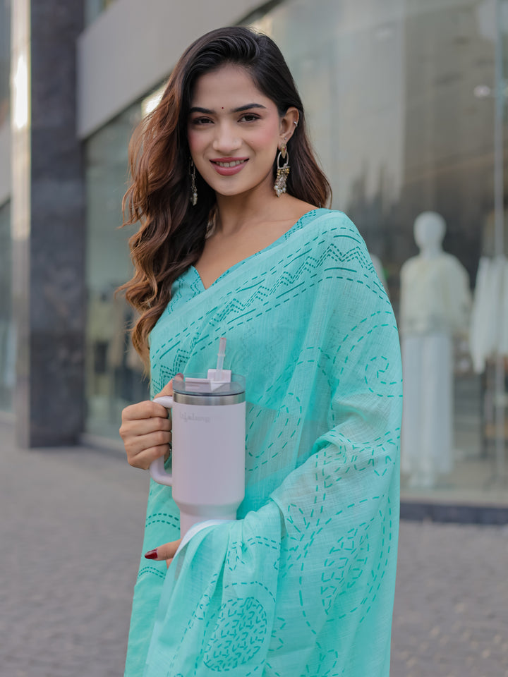 Aqua Blue Mul Cotton Saree with Kantha-Inspired Print, Statement Pallu & Tassels | Office & Casual Wear