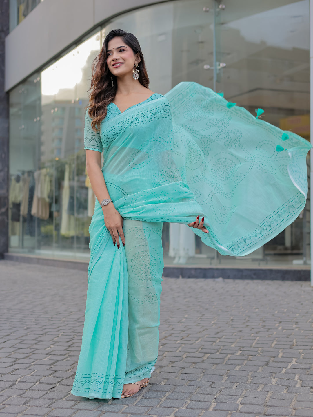 Aqua Blue Mul Cotton Saree with Kantha-Inspired Print, Statement Pallu & Tassels | Office & Casual Wear