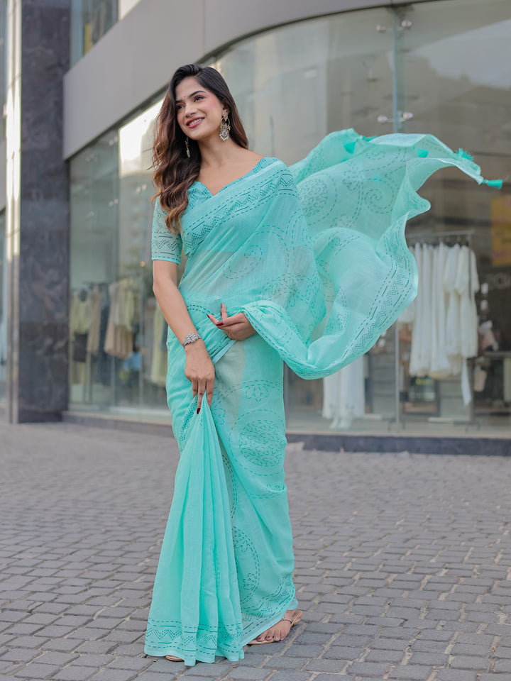 Aqua Blue Mul Cotton Saree with Kantha-Inspired Print, Statement Pallu & Tassels | Office & Casual Wear