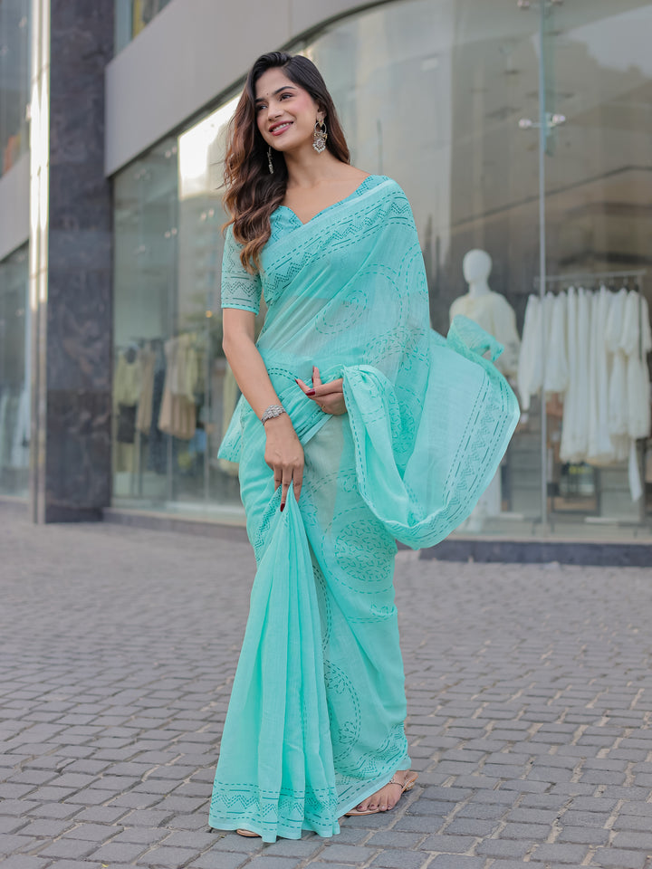 Aqua Blue Mul Cotton Saree with Kantha-Inspired Print, Statement Pallu & Tassels | Office & Casual Wear