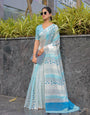 Sky Blue Mul Cotton Printed Saree with Abstract Geometric Design, Statement Pallu & Tassels | Office & Daily Wear Saree, Comes With Attached Blouse Piece