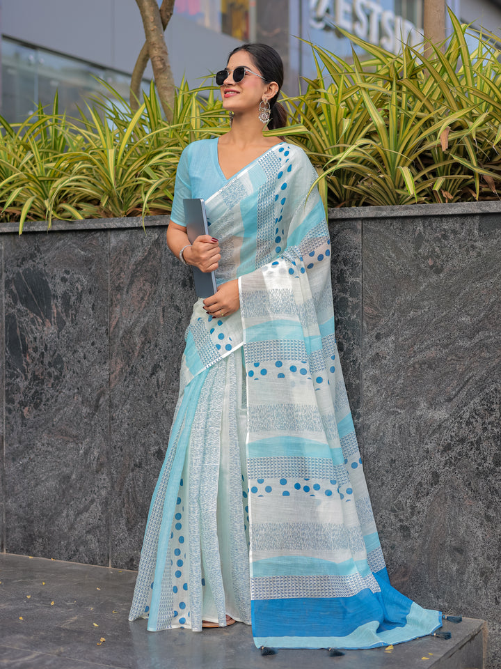 Sky Blue Mul Cotton Printed Saree with Abstract Geometric Design, Statement Pallu & Tassels | Office & Daily Wear Saree