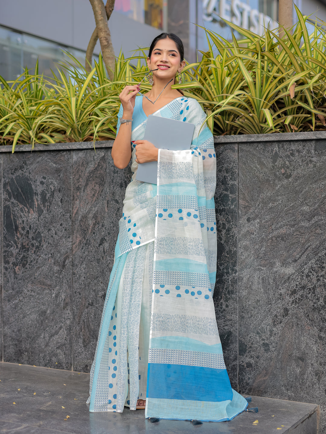 Sky Blue Mul Cotton Printed Saree with Abstract Geometric Design, Statement Pallu & Tassels | Office & Daily Wear Saree