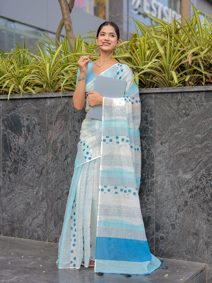 Sky Blue Mul Cotton Printed Saree with Abstract Geometric Design, Statement Pallu & Tassels | Office & Daily Wear Saree