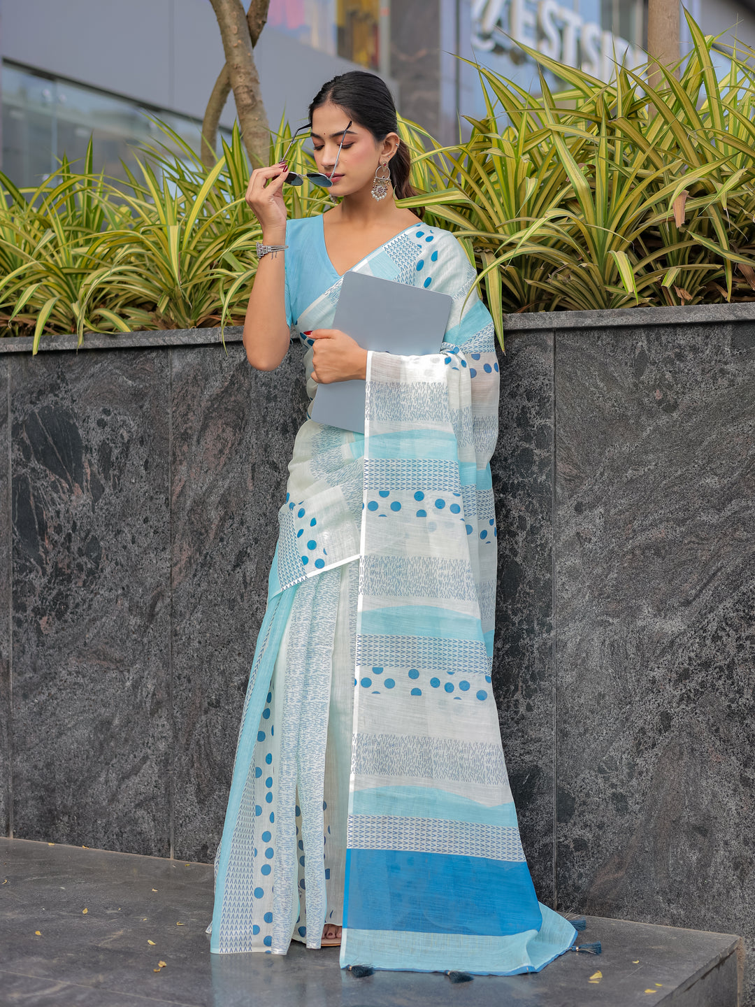 Sky Blue Mul Cotton Printed Saree with Abstract Geometric Design, Statement Pallu & Tassels | Office & Daily Wear Saree