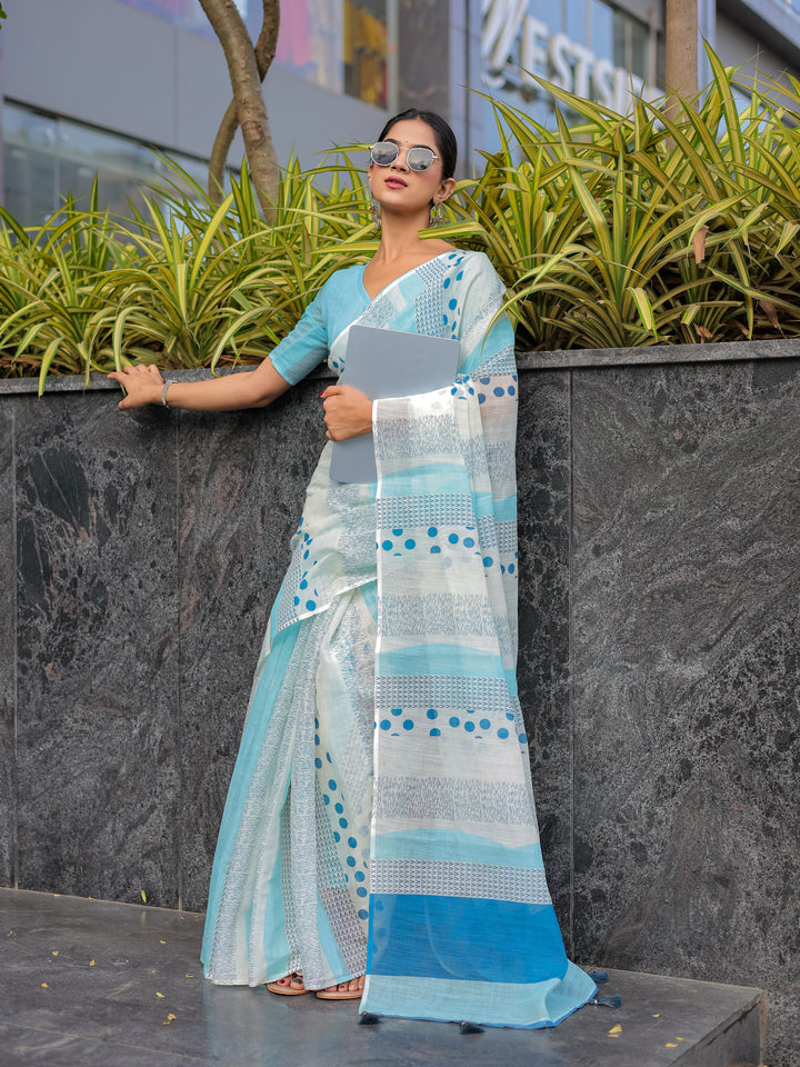 Sky Blue Mul Cotton Printed Saree with Abstract Geometric Design, Statement Pallu & Tassels | Office & Daily Wear Saree