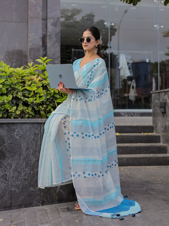 Sky Blue Mul Cotton Printed Saree with Abstract Geometric Design, Statement Pallu & Tassels | Office & Daily Wear Saree