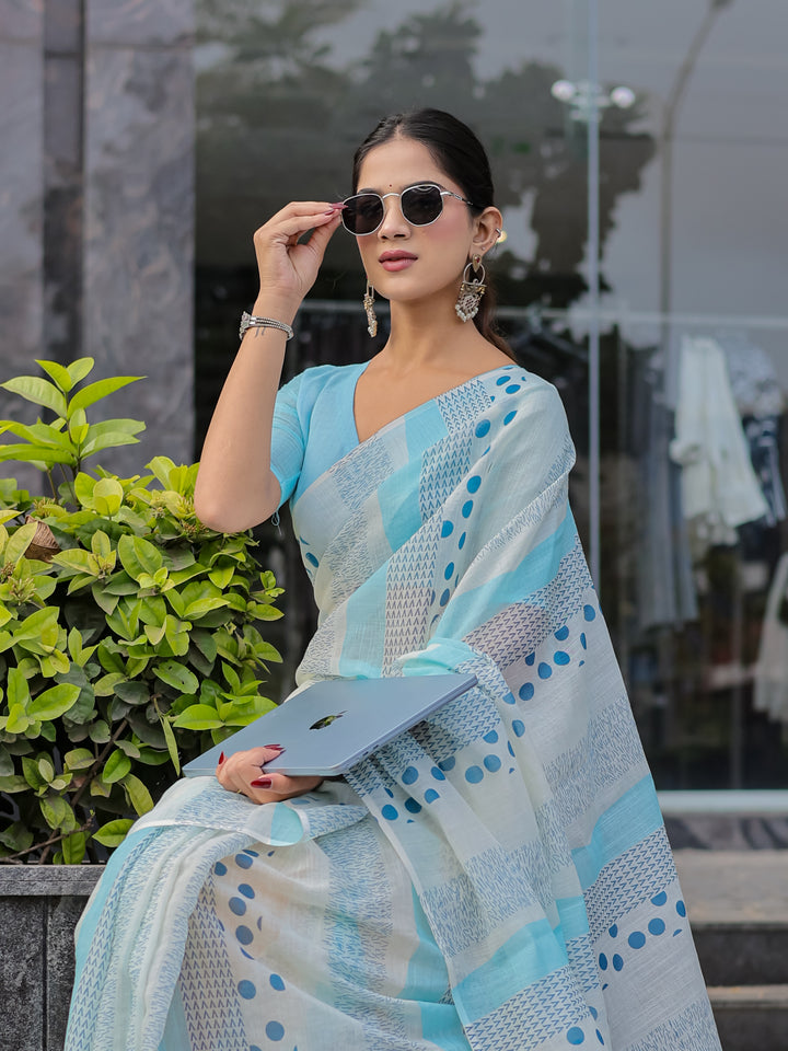 Sky Blue Mul Cotton Printed Saree with Abstract Geometric Design, Statement Pallu & Tassels | Office & Daily Wear Saree