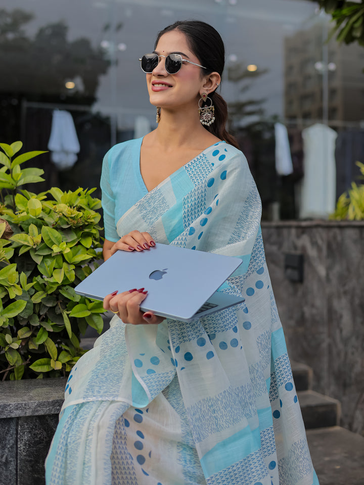 Sky Blue Mul Cotton Printed Saree with Abstract Geometric Design, Statement Pallu & Tassels | Office & Daily Wear Saree