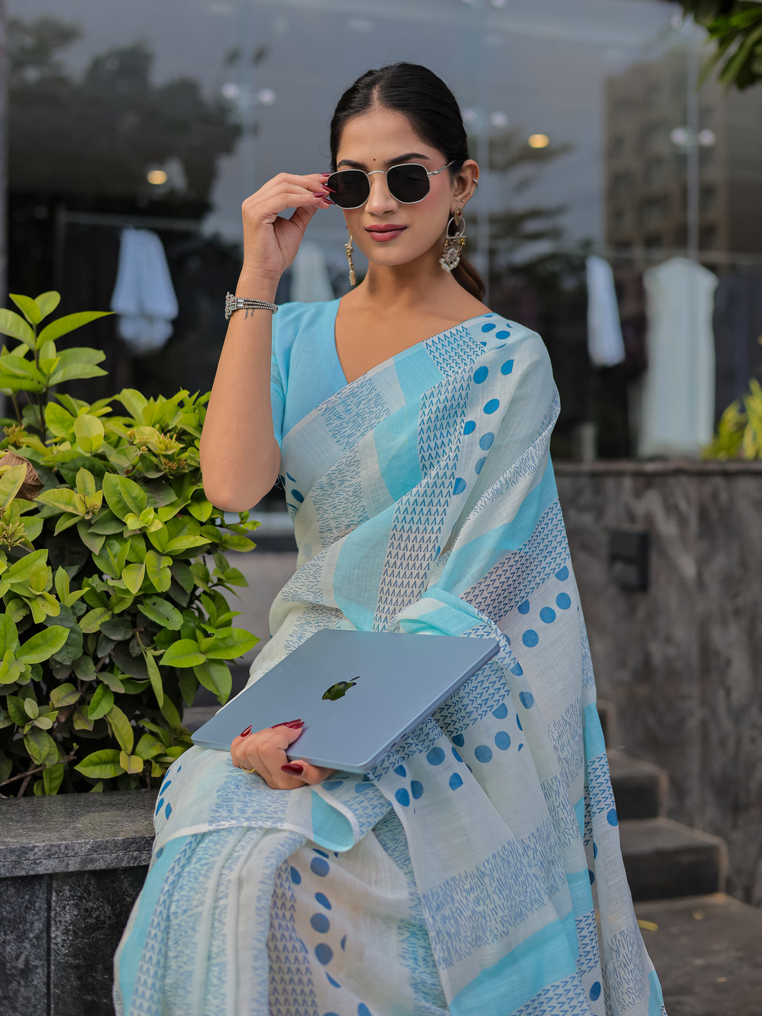 Sky Blue Mul Cotton Printed Saree with Abstract Geometric Design, Statement Pallu & Tassels | Office & Daily Wear Saree