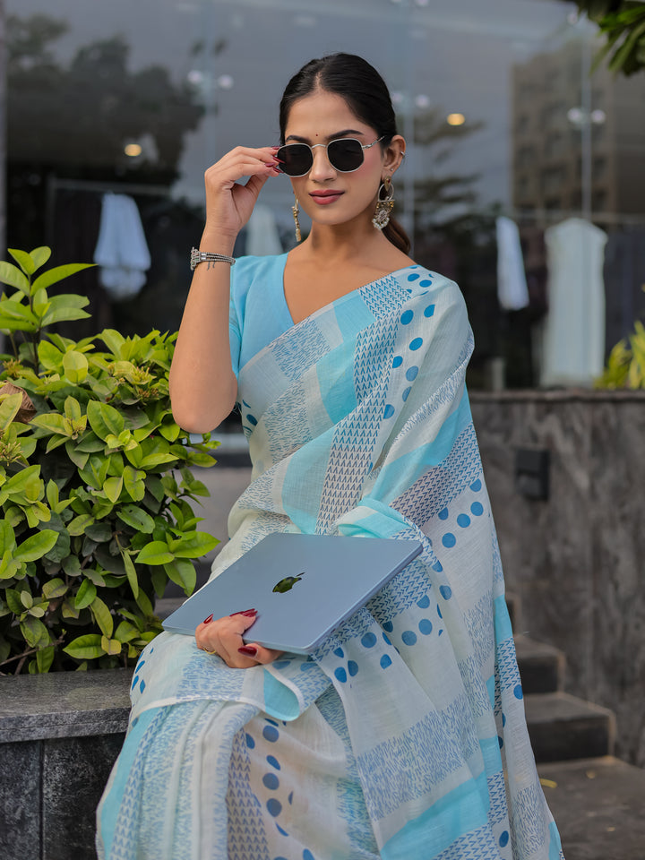 Sky Blue Mul Cotton Printed Saree with Abstract Geometric Design, Statement Pallu & Tassels | Office & Daily Wear Saree