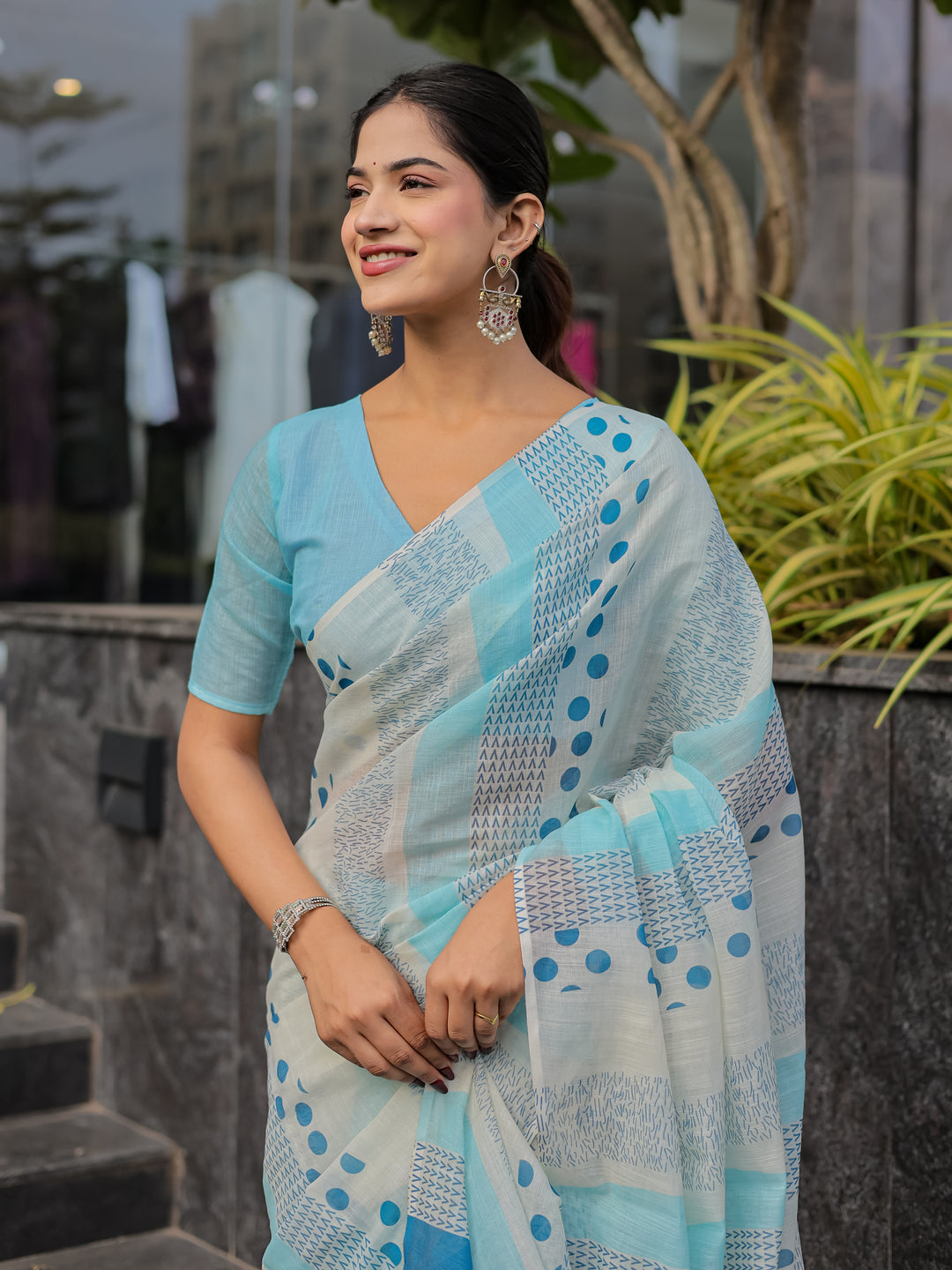 Sky Blue Mul Cotton Printed Saree with Abstract Geometric Design, Statement Pallu & Tassels | Office & Daily Wear Saree
