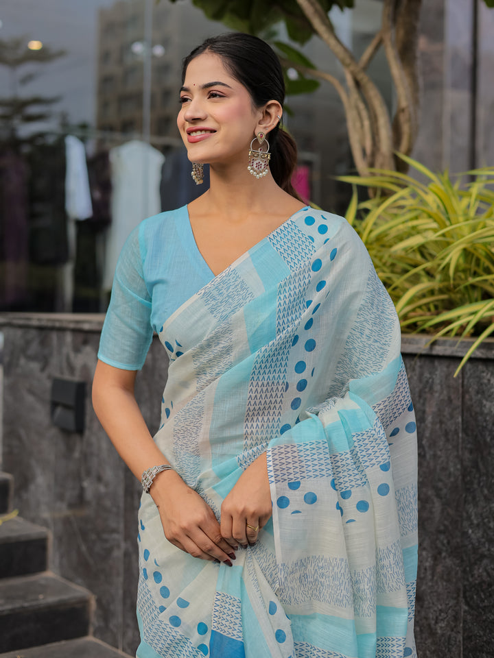 Sky Blue Mul Cotton Printed Saree with Abstract Geometric Design, Statement Pallu & Tassels | Office & Daily Wear Saree