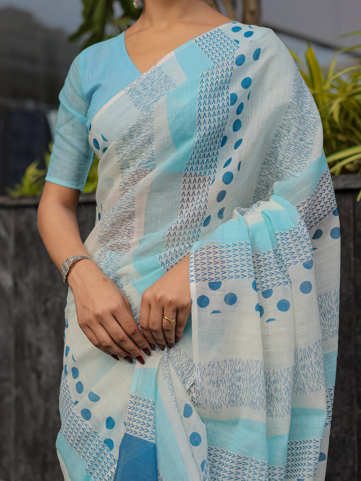 Sky Blue Mul Cotton Printed Saree with Abstract Geometric Design, Statement Pallu & Tassels | Office & Daily Wear Saree