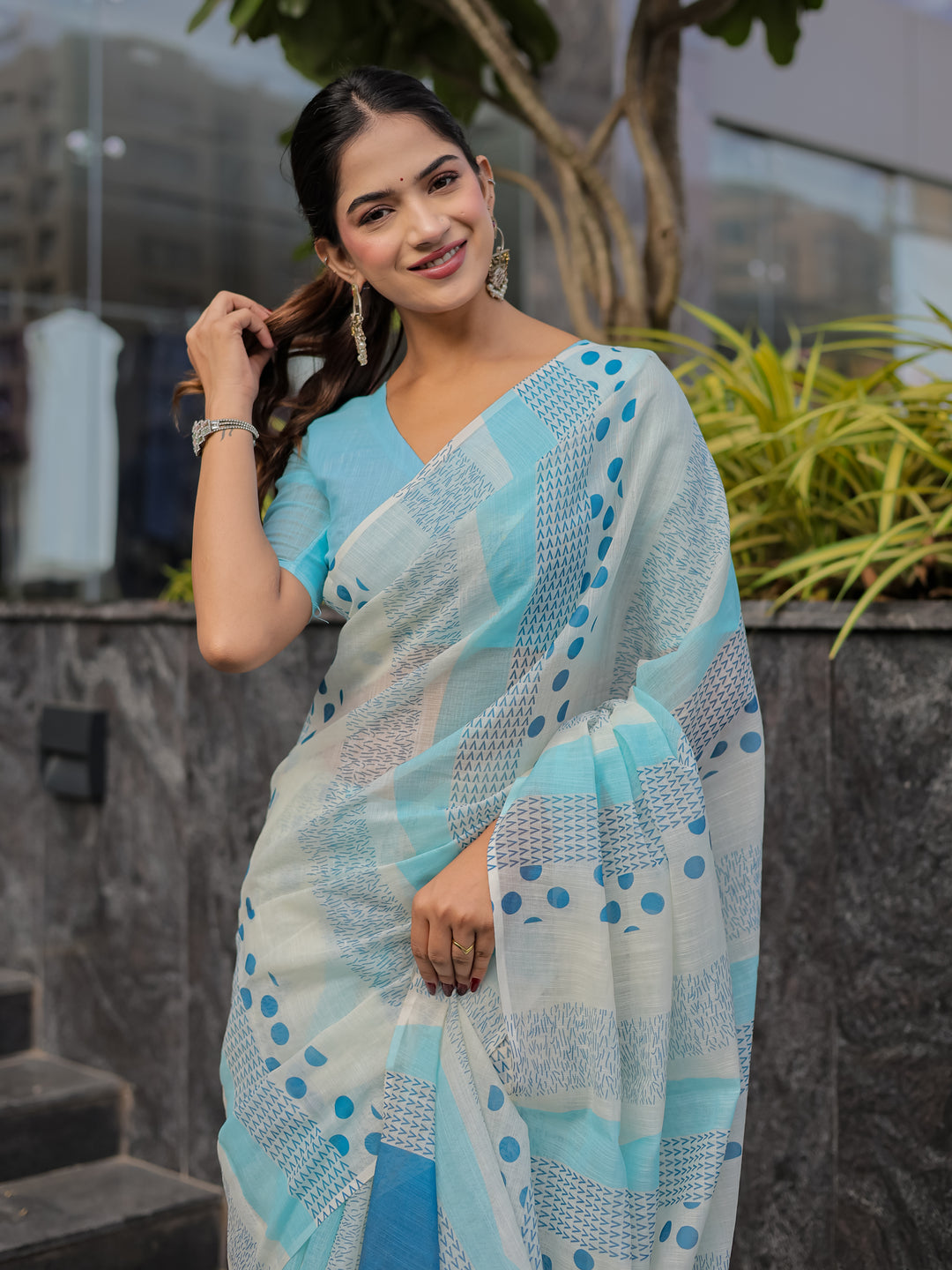 Sky Blue Mul Cotton Printed Saree with Abstract Geometric Design, Statement Pallu & Tassels | Office & Daily Wear Saree